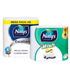 Nalys Wish keukenpapier pak à 2 rollen,
Eindeloos toiletpapier pak à 12=45 rollen
of Excellence 5-laags toiletpapier
pak à 18 ro